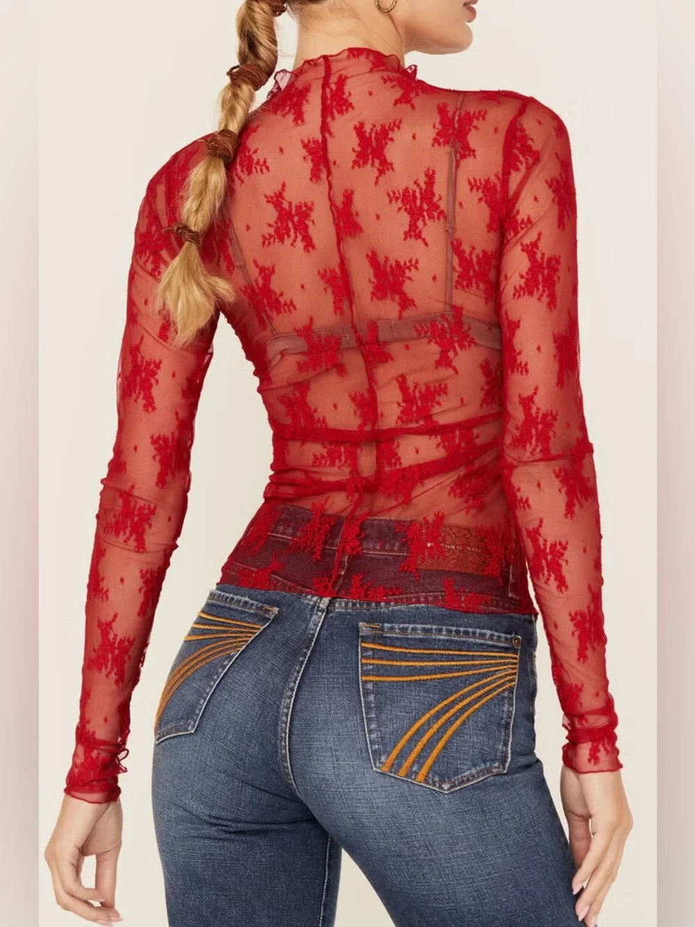 Free People Intimately Red Lace Long-Sleeve Layering Top - Size M